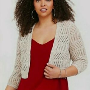 Torrid Shrug Open Front Cropped Marl Tan Crochet Knit Cardigan Size 00 M/L NWT
